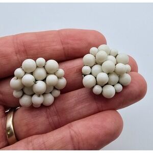 Vintage Japan White Bead Cluster Clip On Earrings Grape Cluster Mid Century Retr